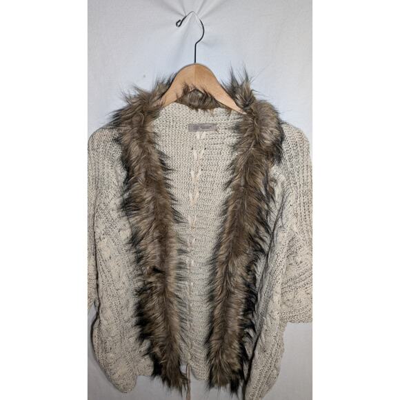 Kaleidoscope Accessories Womens Open Front Cardigan Sz M/L Beige Faux Fur Trim - Picture 3 of 6